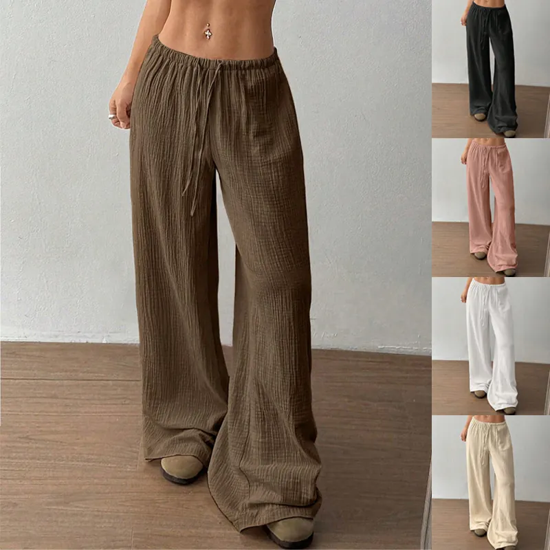 Pure Cotton Wide Leg Pants Women Casual Loose Drawstring Elastic Waist Floor Length Trousers Fashion Solid Color Streetwear