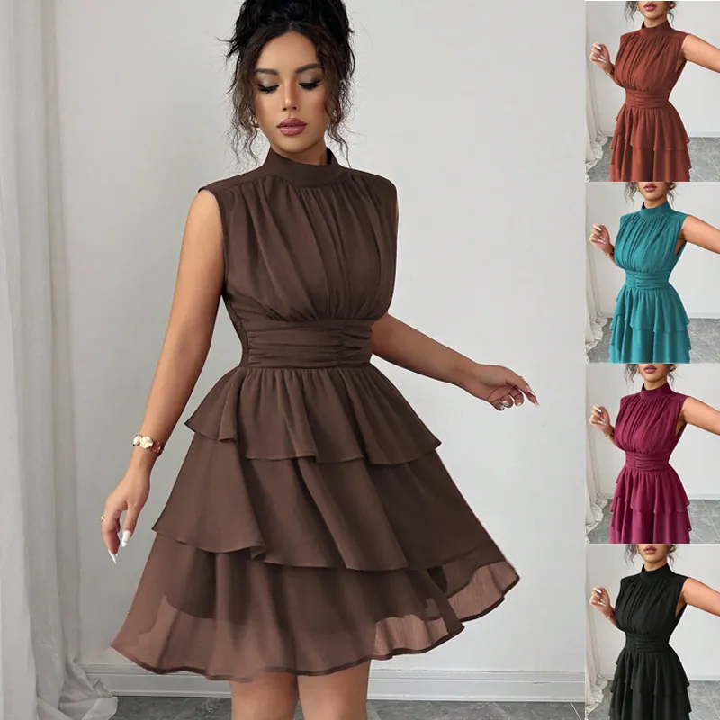 Vestito Corto da Donna Senza Maniche a Strati Collo Lupetto Moda Poliestere Tinta Unita Vita Arricciata Abito Mini Casual