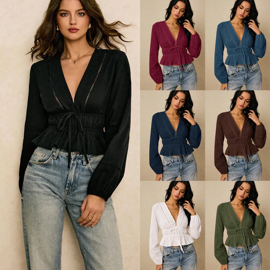 Women Deep V Neck Peplum Blouse Cotton Eyelet Lace Trim Lace-up Waist Ruffle Hem Long Sleeve Streetwear Shirt