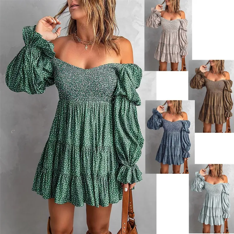 Damen Schulterfreies Blumen Kleid Mit Gesmokter Taille Sexy Laternenärmel Gestuftes A-Linie Boho Freizeit Party Kleid Top And Bottom