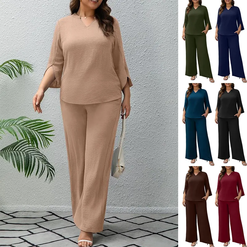 Women Plus Size Casual Polyester Top And Bottom Set Pleated V Neck Slit Three Quarter Sleeve Shirt And Wide Leg Pants Suit