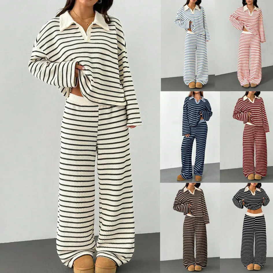 Completo Lounge Due Pezzi in Maglia a Righe da Donna Revers a Contrasto Scollo a V Top a Maniche Lunghe e Pantaloni a Gamba Larga