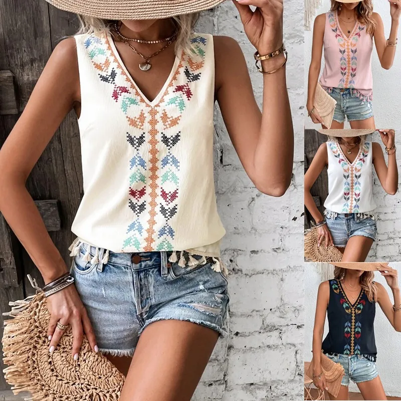 Damen Ethno Bestickt V-Ausschnitt Tank Top Bohemian Quaste Fransensaum Ärmellose Polyester Weste Top Für Den Sommerurlaub