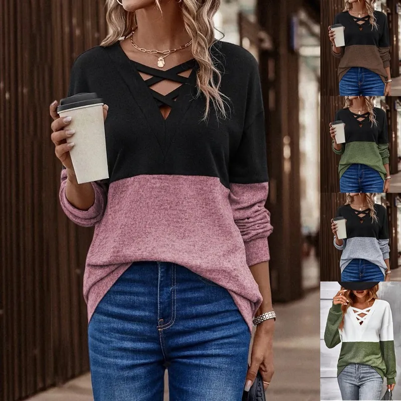 Women Color Block Patchwork V-Neck Long Sleeve Top Drop Shoulder Casual Loose Sweatshirt Autumn Fashion Western Style Pullover