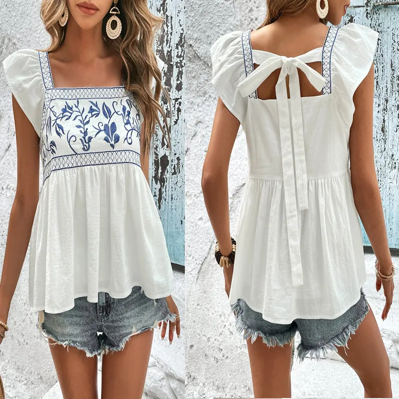 Top Bordado de Verano para Mujer Cuello Cuadrado Manga de Mariposa Dobladillo con Volantes Espalda Descubierta Blusa Boho Blanco Camisa