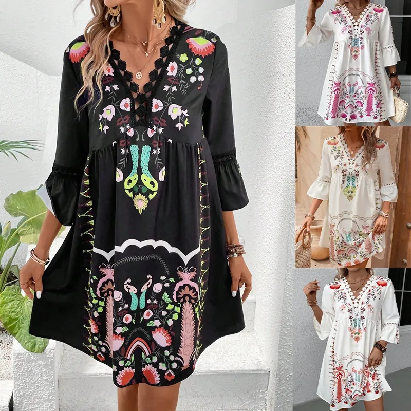 Women's Bohemian V-Neck Lace Patchwork Printed Dress Summer Casual Flare Sleeve Polyester Mini Dress Vacation Sun Dress
