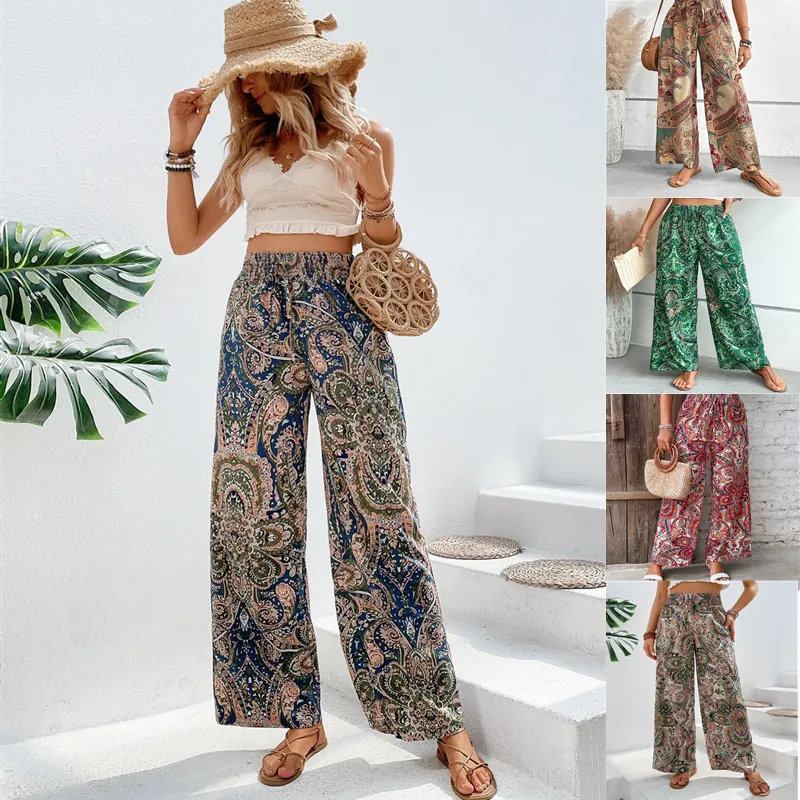 Pantaloni a Gamba Larga da Donna Stampa Paisley Vita Alta Elasticizzata Casual Bohemien Vacanza Estiva Mare