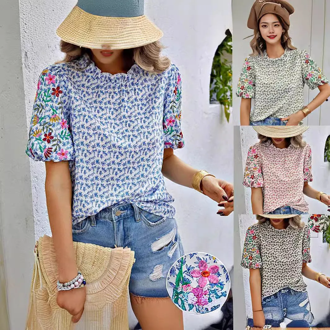 Haut Imprimé Floral en Polyester pour Femmes avec Broderie Col Vague Manches Courtes Pull Coupe Régulière T-Shirt