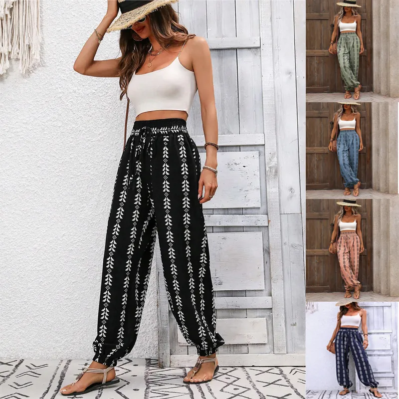 Women Bohemian Printed Harem Pants High Waisted Smocked Elastic Drawstring Waist Loose Casual Trousers With Geometric Pattern