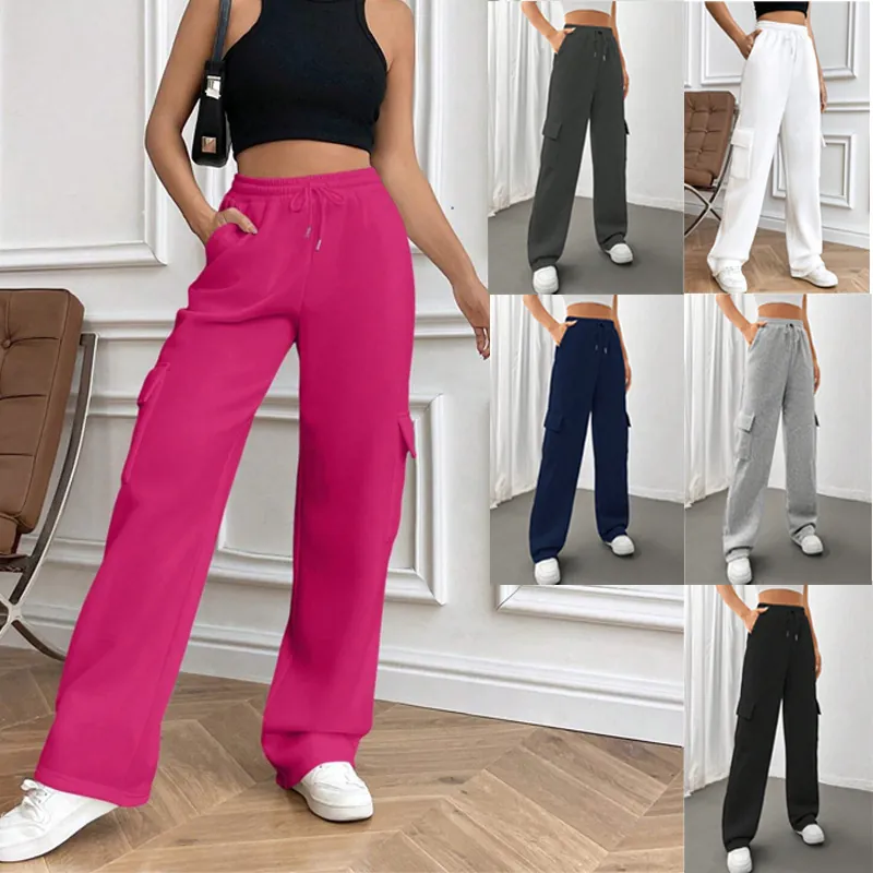 Women Casual Solid Color Wide Leg Cargo Sweatpants High Waist Drawstring Straight Leg Trousers Side Pocket Bottom Fashion