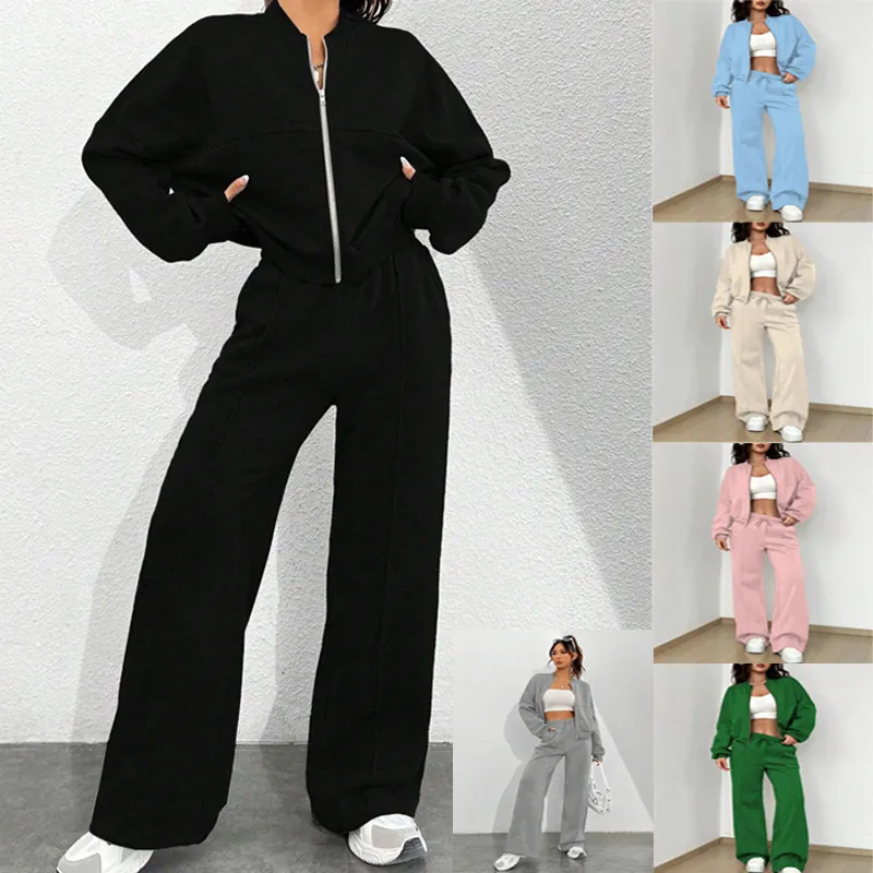 Damen Top Und Unten Polyester Reißverschluss Schlanke Hoodie Und Elastische Taille Weites Bein Hose Lässig Streetwear Trainingsanzug