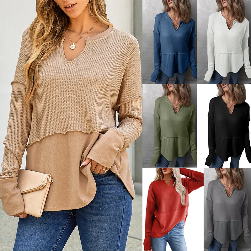 Sudadera de Punto de Gofre para Mujer Patchwork Manga Larga Cuello en V Corte Holgado Top Casual Poliéster Elastano Moda Otoño Invierno
