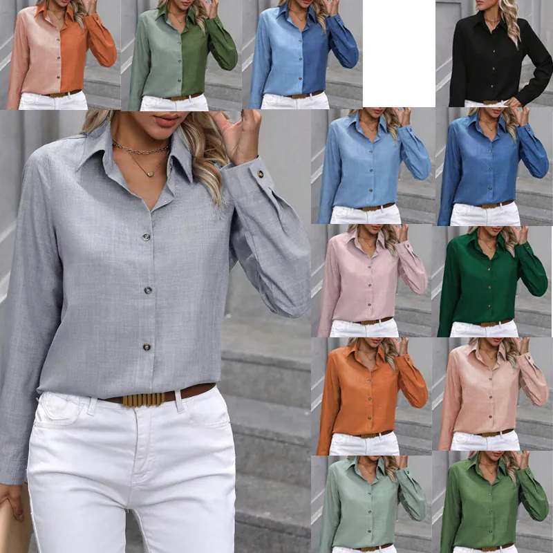 Chemise Femme Décontractée Simple Boutonnage Manches Longues Col Revers Couleur Unie Bloc de Couleur Blouse en Polyester Tissée Mode Top Bureau