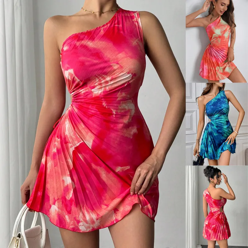 Women Sexy One-shoulder Tie-dye Printed Pleated Mini Dress Slim Fit Bodycon Summer Party Dress For Lady
