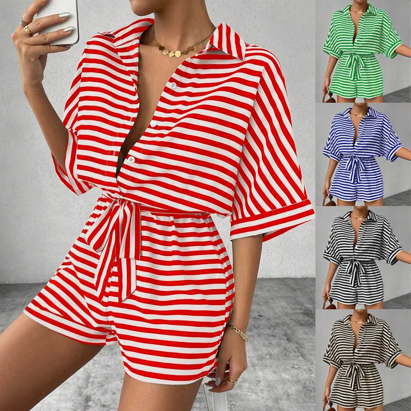 Women Striped Romper Lapel V-Neck Half Sleeve Button Jumpsuit With Belt Casual Summer Polyester Spandex Short Jumpsuit
