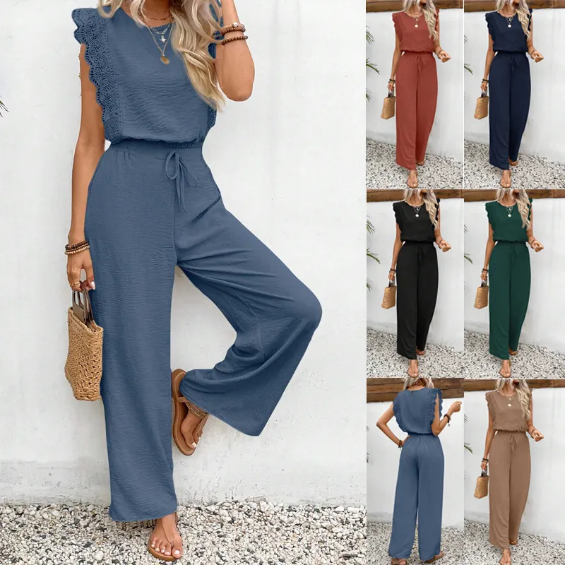 Damen Casual Top Und Hose Set Plissee Polyester Spitze Ärmelloses Top Weite Hose Streetstyle Sommer Co-ord Outfit