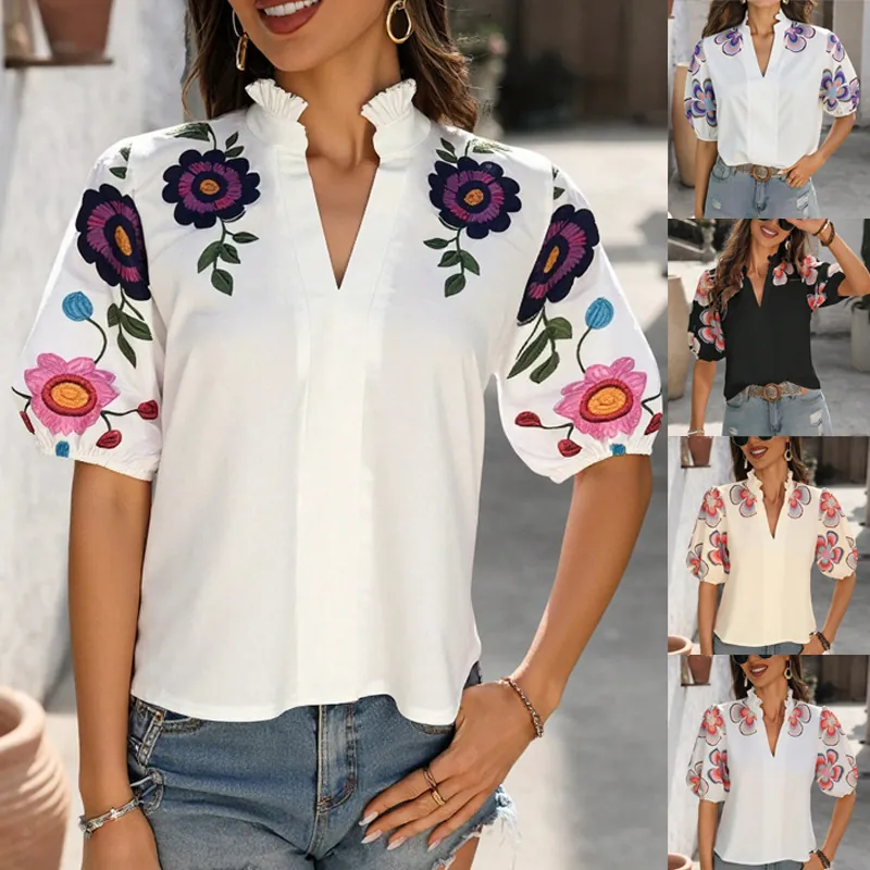 Haut d'été à la Mode pour Femmes Col en V Manches Courtes Imprimé Floral Polyester T-Shirt Décontracté pour Vacances