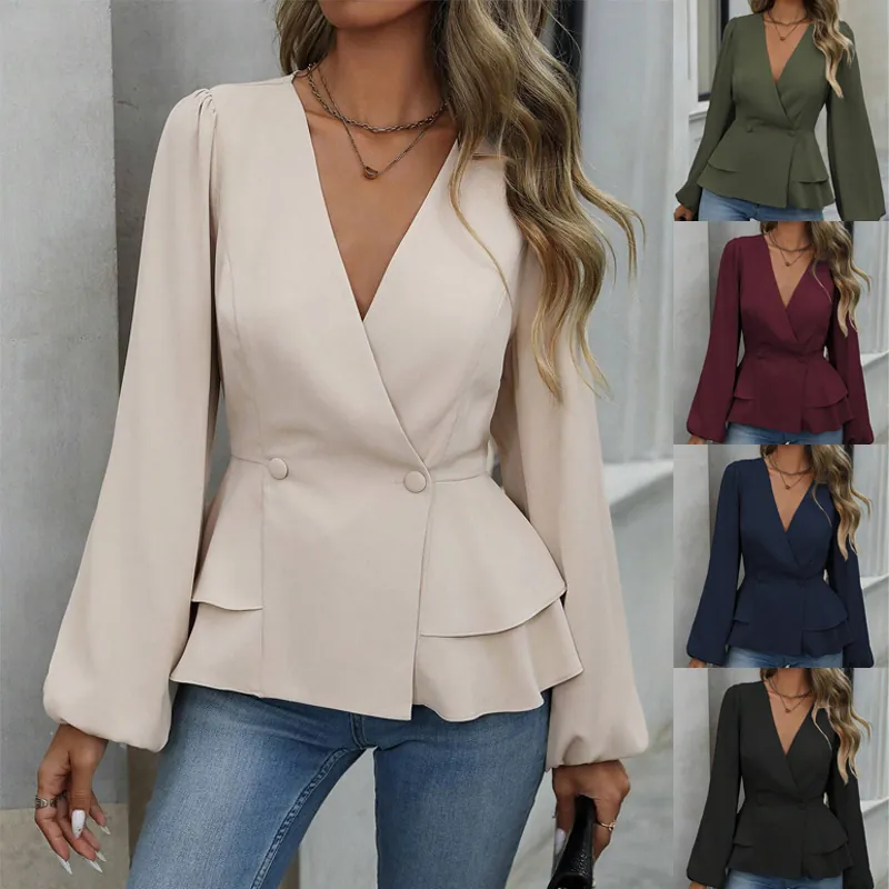 Damen Elegante Schößchen Bluse Französischer Stil V-Ausschnitt Laternenärmel Schlanke Passform Tailliertes Hemd Polyester Top