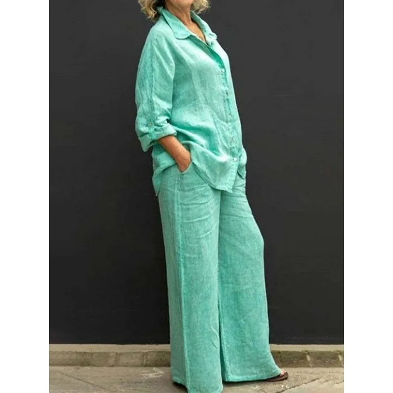 Women Top And Bottom Casual Polyester Lapel Long Sleeve Shirt Wide Leg Pants Solid Color Fashion Lounge Wear Outfit