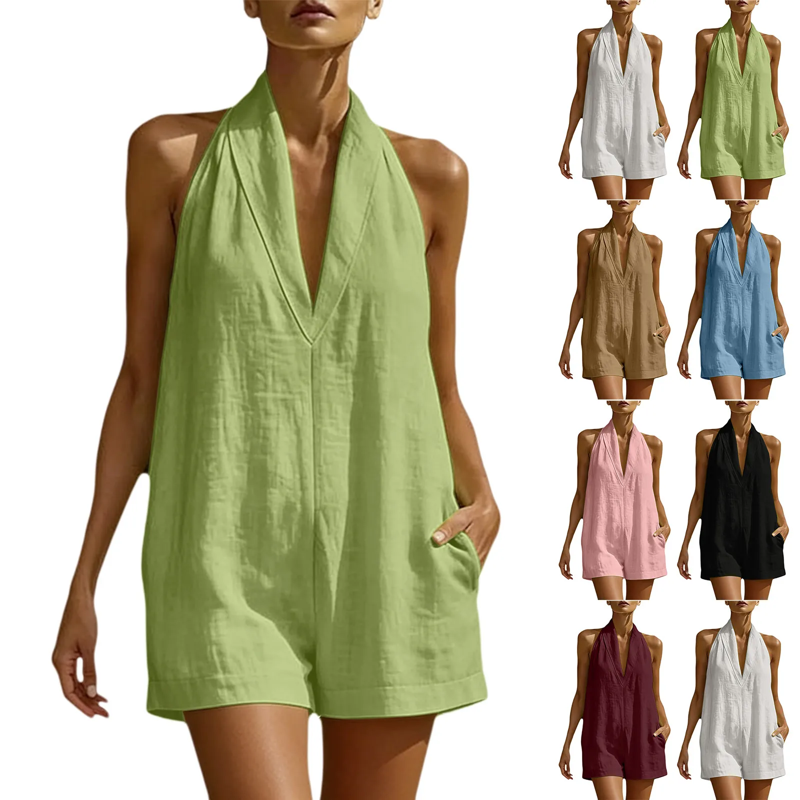 Mono Corto Informal para Mujer con Cuello Halter en V Sin Mangas de Color Sólido Sin Espalda Mono de Playa de Verano con Bolsillos Laterales