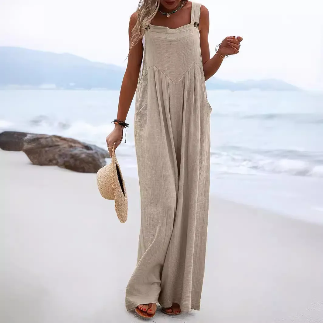 Women's Summer Casual Sleeveless Button Jumpsuit Bohemian Ethnic Solid Color Wide Leg Top And Bottom Beach Vacation Romper