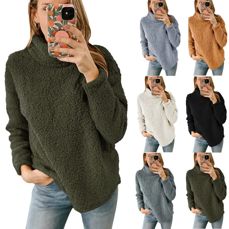 Γυναικείο Χνουδωτό Fleece Hoodie με Ψηλό Λαιμό Casual Μονόχρωμο Ζεστό Teddy Bear Μακρυμάνικο Πουλόβερ Φούτερ για Χειμώνα