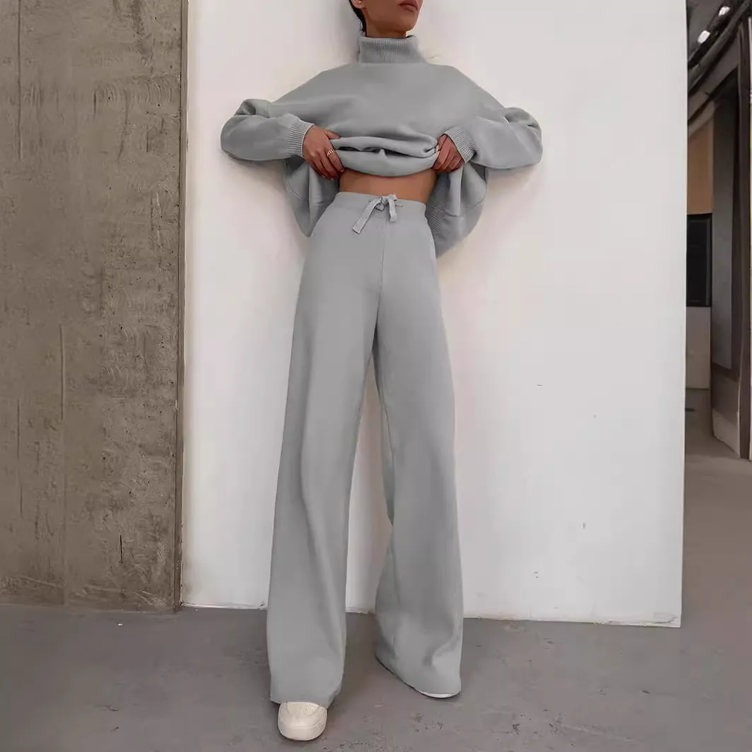 Women Casual Two Piece Sweatshirt Set High Neck Long Sleeve Pullover Top And Wide Leg Pants Loose Lounge Tracksuit