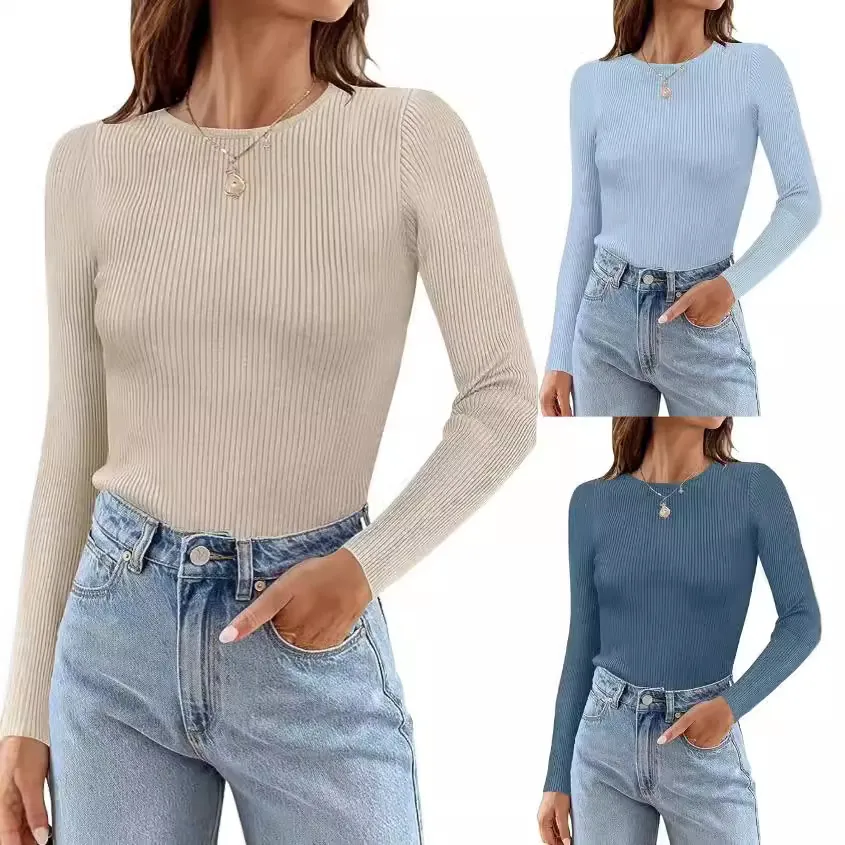 Women Round Neck Long Sleeve Ribbed Knit T-Shirt Slim Fit Solid Color Basic Casual Top Soft Stretchy Pullover Fall Spring Clothing