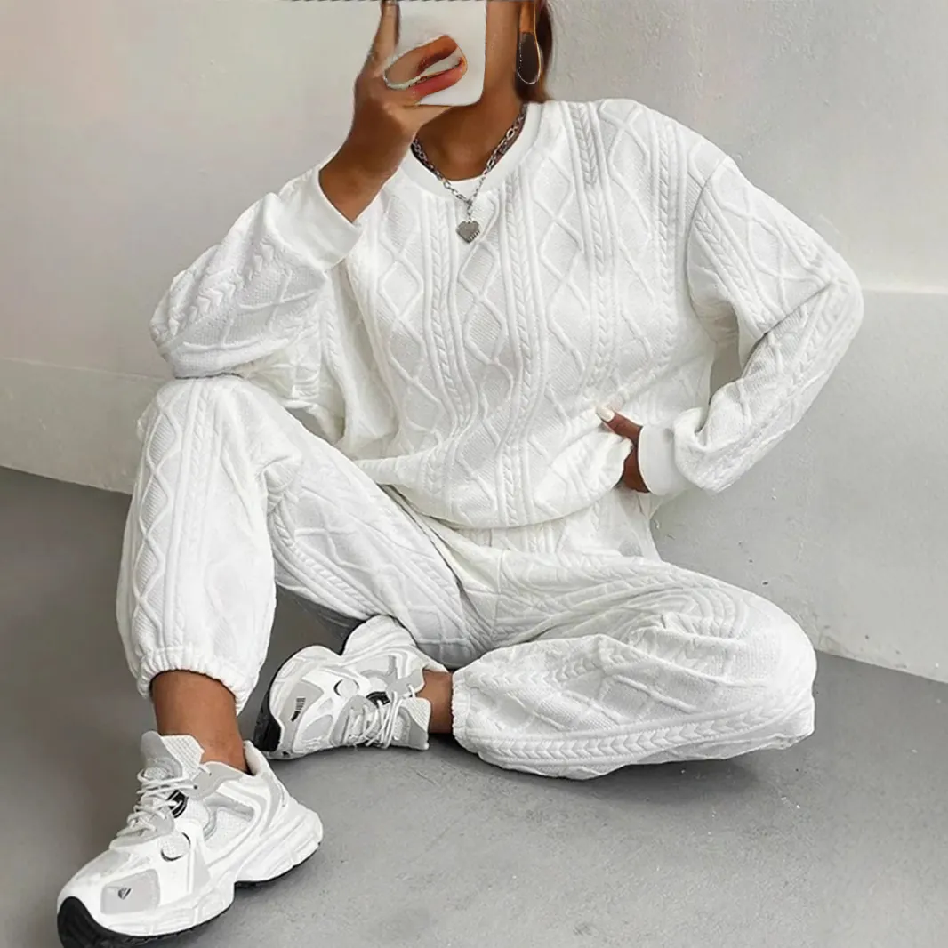Top e Pantaloni da Donna Set Due Pezzi in Maglia a Trecce Girocollo Pullover a Maniche Lunghe Pantaloni della Tuta Casual Autunno Inverno