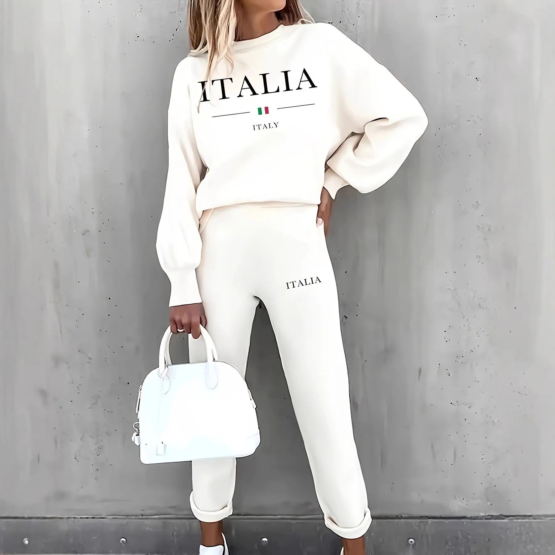Ensemble Décontracté Femme Sweat et Joggers Imprimé Lettres Italia Tenue Top And Bottom Manches Longues Col Rond Streetwear