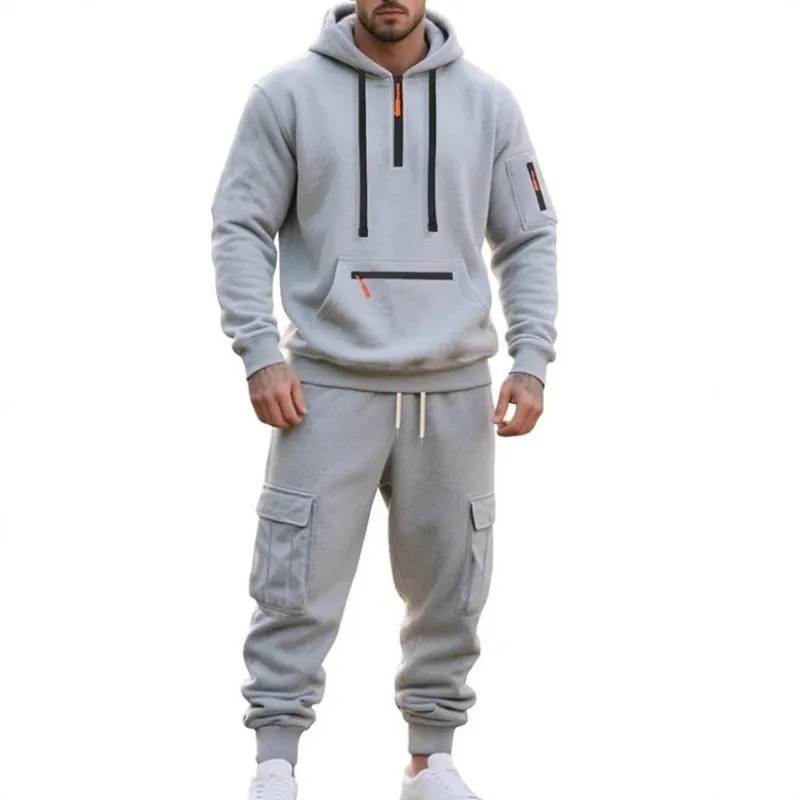 Herren Polyester Lässig Kapuzenpullover Cargo-Hose Top Und Bottom Urban Sportlich Einfarbig Multi-Tasche Halber Reißverschluss Jogginganzug Set