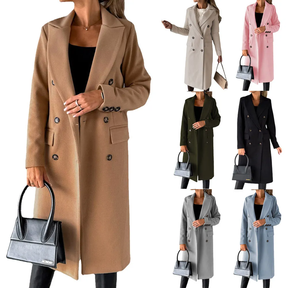 Women Mid-Length Woolen Coat Elegant Double-Breasted Lapel Long Sleeve Solid Color Outwear With Pockets Polyester Trench Coat