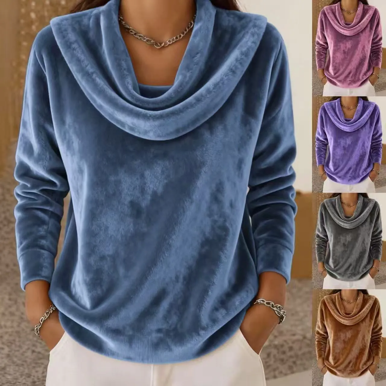 Top da Donna Casual in Peluche con Collo a Cappuccio Manica Lunga Tinta Unita Maglieria Larga Pullover in Pile per Autunno Inverno