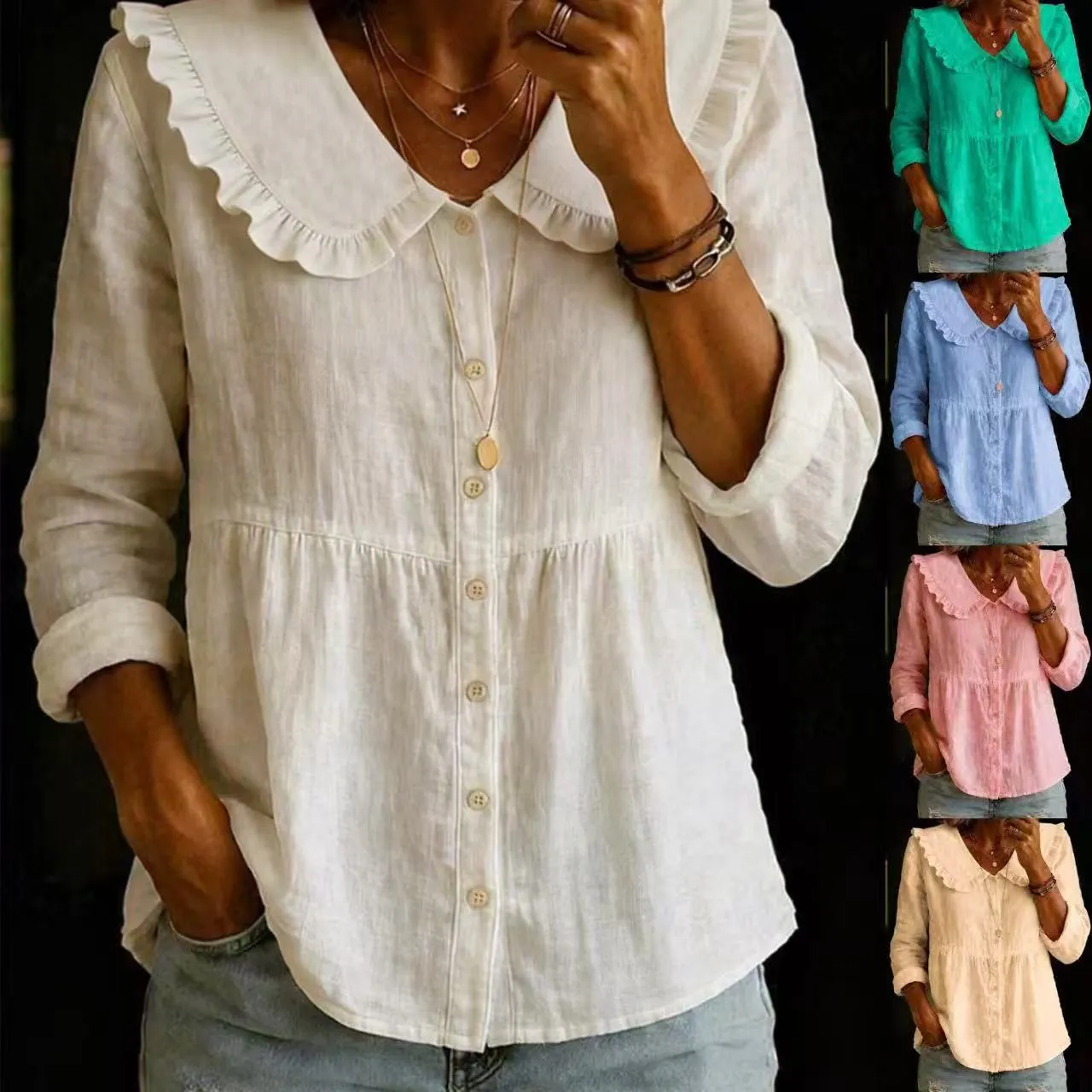 Women's Casual Cotton Blend Blouse Peter Pan Ruffle Collar Long Sleeve Button Down Shirt Loose Vintage Top For Daily