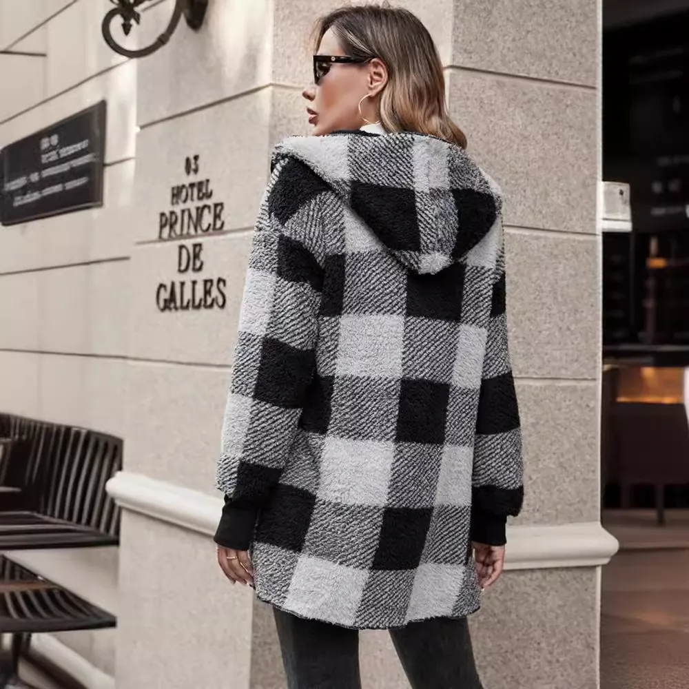 Damen Casual Karo Farbblock Gestrickte Cardigan Langarm Kapuze Fleece Pullover Mantel Oversized Streetwear