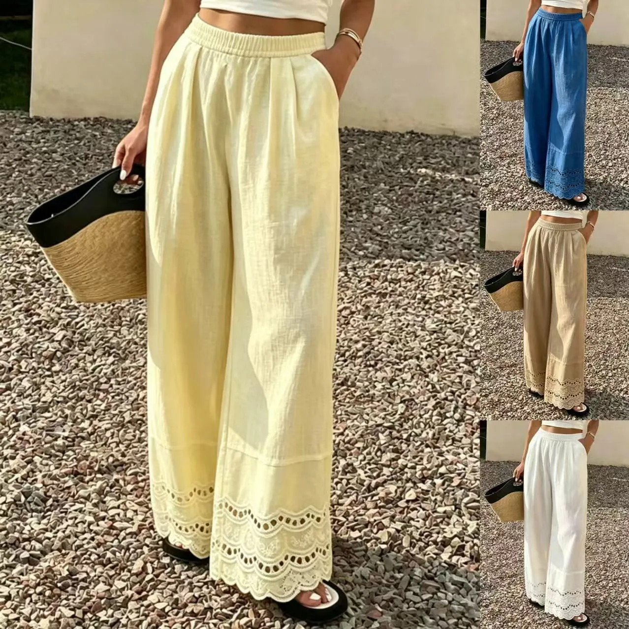 Dames Casual Broek Met Brede Pijpen Katoenmix Kantafwerking Opengewerkt Elastische Taille Zomerbroek Vintage Losse Broek