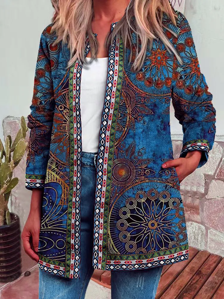 Veste Ethnique Vintage pour Femmes à Imprimé Floral Ouverte Devant Cardigan Bohème Motif Mandala Mi-Longue Manches Longues Top Streetwear