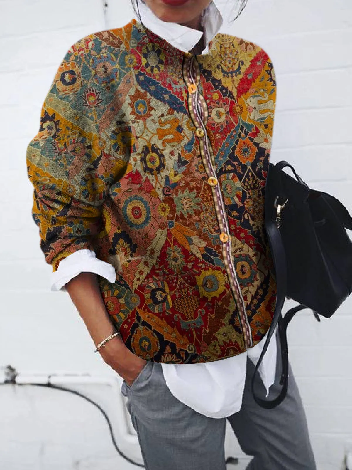 Cardigan Casual da Donna in Misto Cachemire a Maniche Lunghe con Stampa Geometrica Maglione in Maglia Aperto sul Davanti Top in Stile Etnico