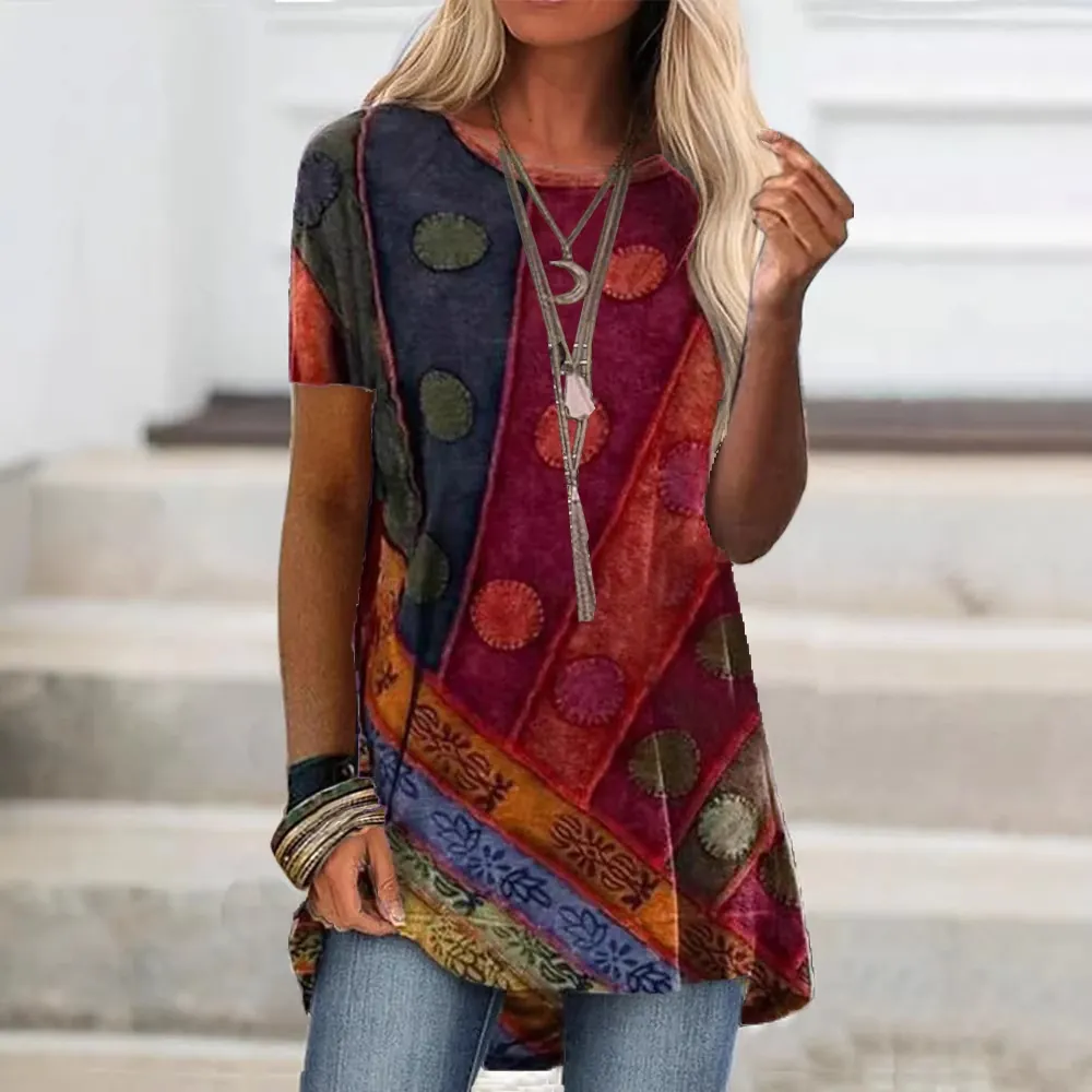 Bohemian Print Women's T-Shirt Summer Short Sleeve Round Neck Tunic Top Ethnic Geometric Graphic Polyester T-Shirt Daily Casual Tee