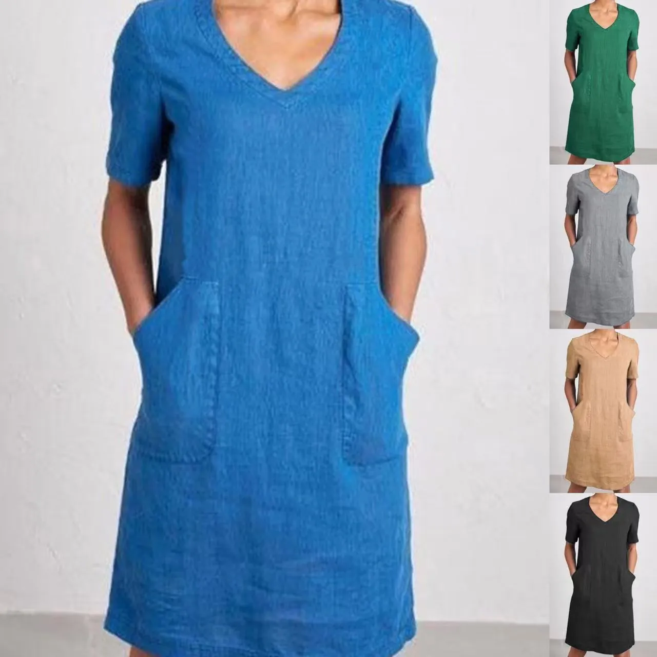 Damen Sommer Casual V-Ausschnitt Kurzarm Baumwolle Leinen Midi Kleid Mit Taschen Vintage Loose Fit A-Linie Einfarbig Retro Stil Kleid