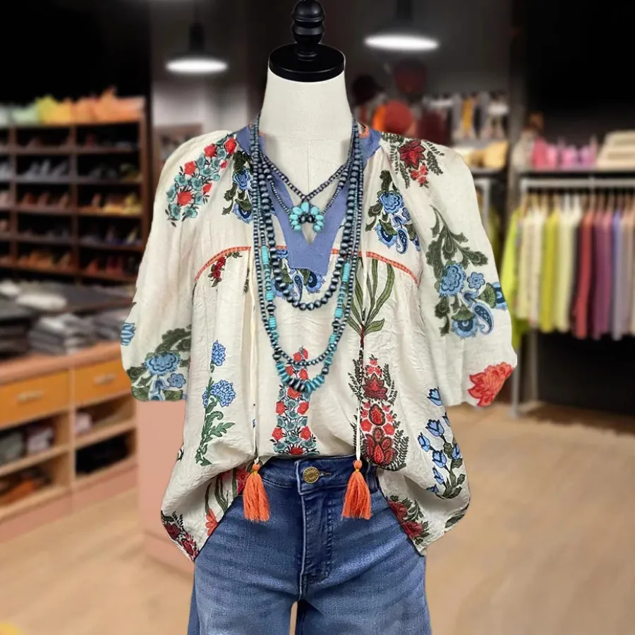 Top con Estampado Floral Bohemio para Mujer Cuello en V Casual Relaxado Manga Corta Poliéster Elastano Blusa de Verano