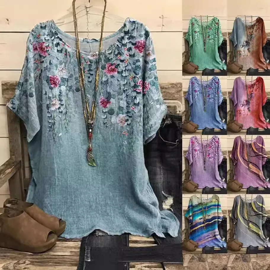 Women Vintage Floral Printed T-Shirt Casual Loose Short Sleeve Round Neck Top Polyester Fashion Summer Tee