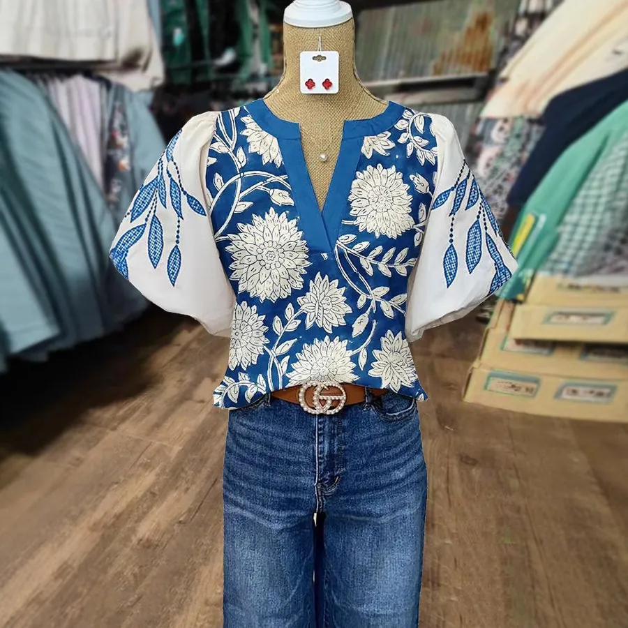 Blouse Femme Imprimé Floral Ethnique Col en V Manches Lanterne Décontracté Ample Boho Top en Polyester Élasthanne