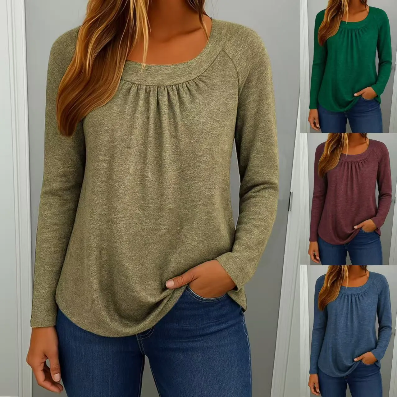 Γυναικείο Casual Μακρυμάνικο T-Shirt με Πλισέ Στρογγυλή Λαιμόκοψη Μονόχρωμο Πολυεστέρας Σπάντεξ Πλεκτό Τοπ Βίντατζ