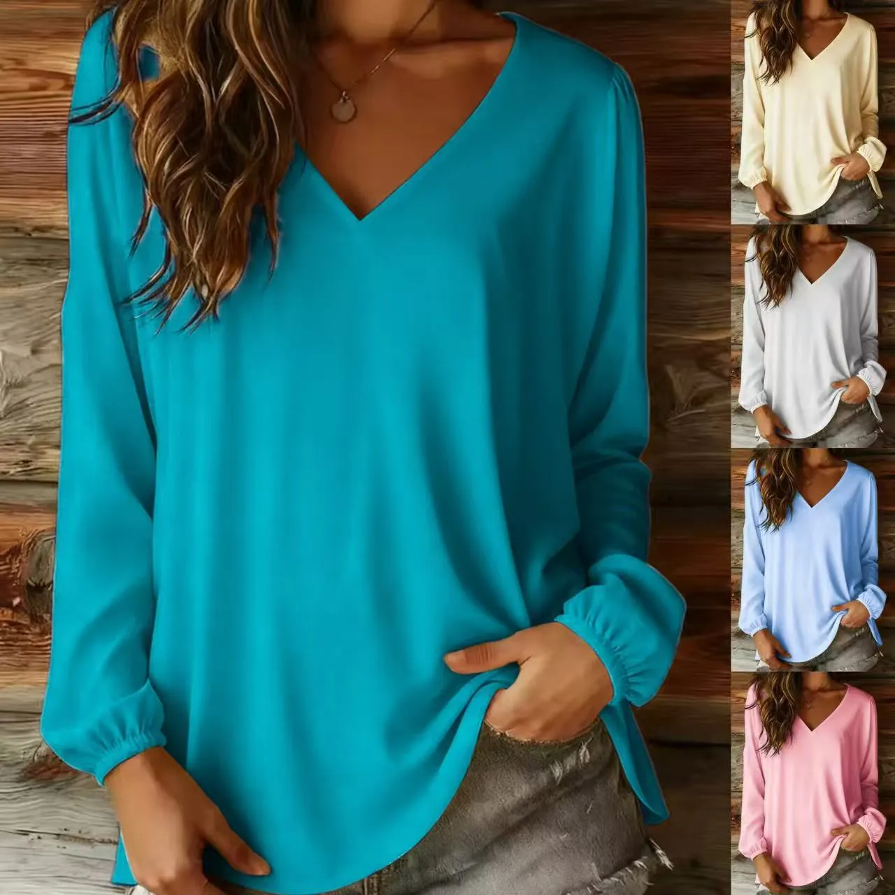 Women Casual Solid V-Neck Long Sleeve Blouse Top Polyester Loose Fashion Pullover Shirt For Autumn Daily Wear