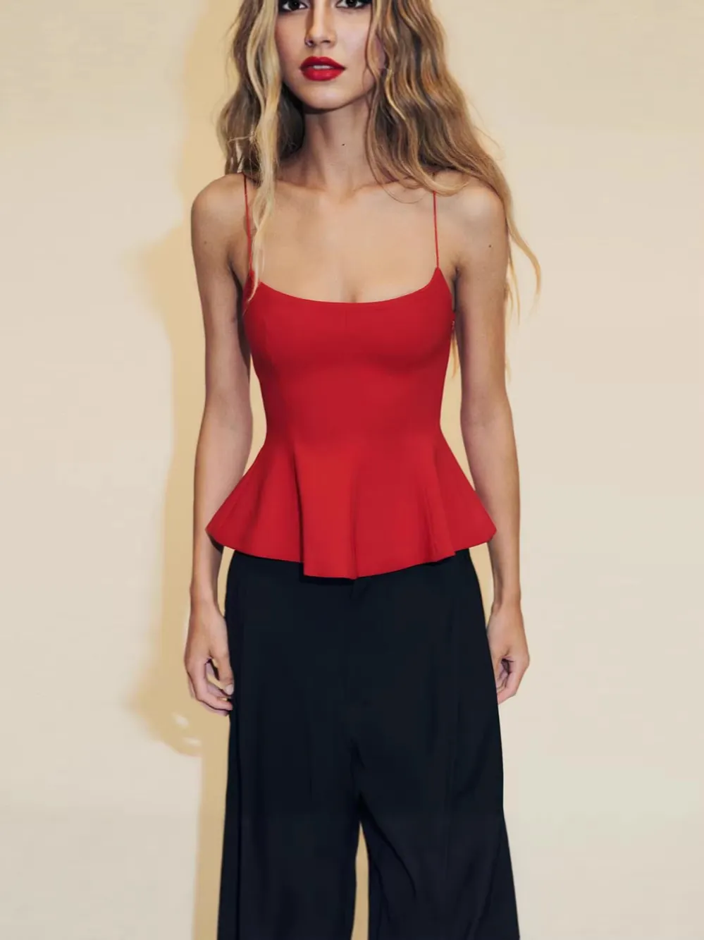 Haut Peplum Sexy à Bretelles Spaghetti pour Femmes Élégant Couleur Unie sans Manches Camisole en Polyester pour Été Fête Rendez-vous Haut