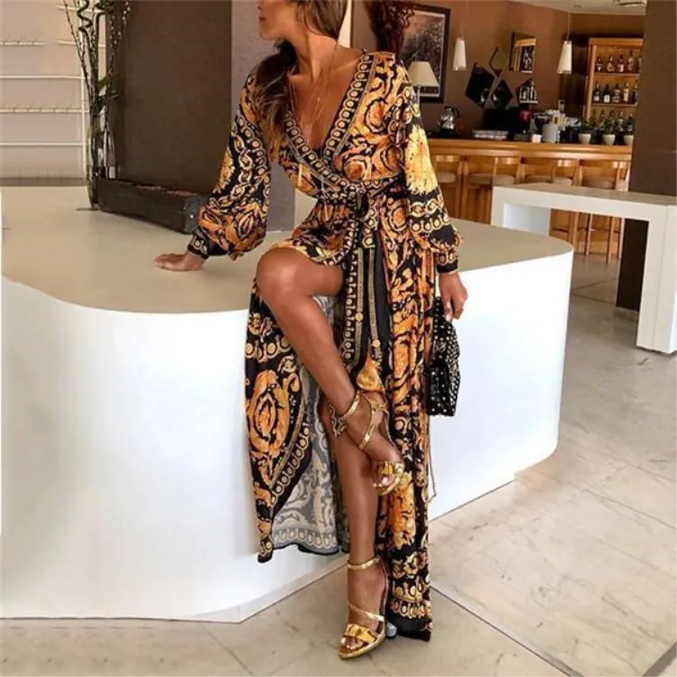 Women's Retro Baroque Print V Neck Long Sleeve High Slit Maxi Dress Elegant Evening Party Pullover Long Dress