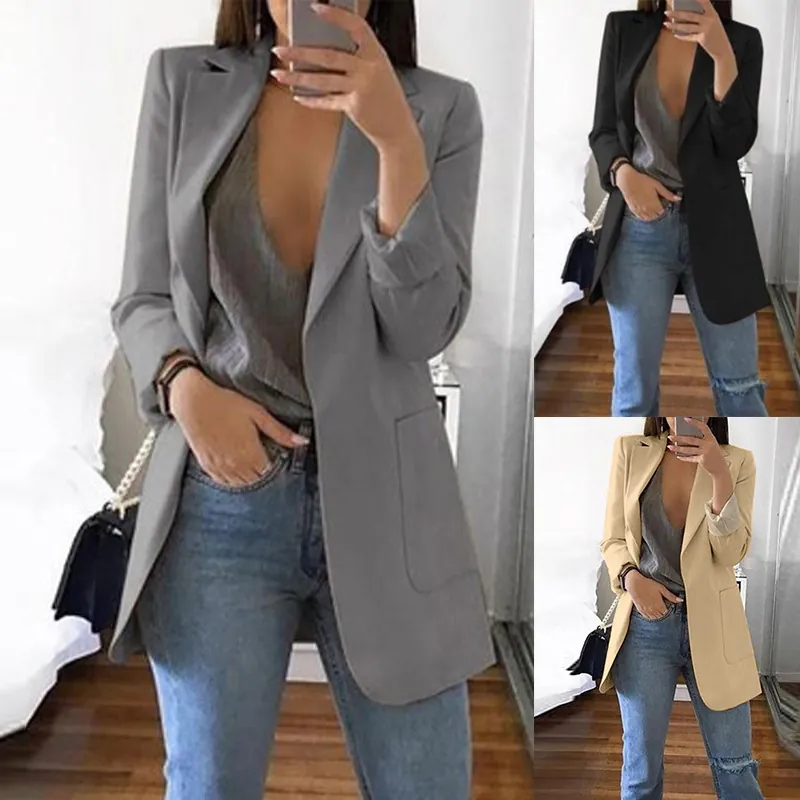 Blazer Casual da Donna in Misto Sintetico Top a Revers Senza Bottoni Con Tasche Applicate Tinta Unita Divisa Professionale Top