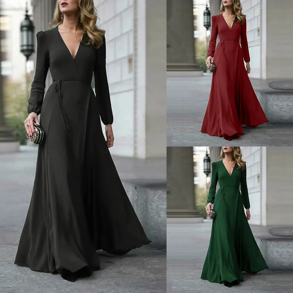 Vestido Largo Elegante para Mujer Cuello en V Manga Larga Color Sólido Lazada en Cintura Corte Suelto Vestido Acampanado Moda Casual