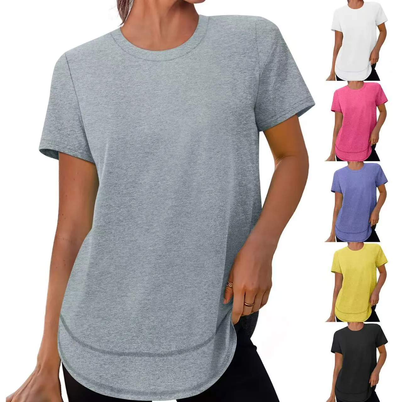 Dames Casual Los Polyester T-Shirt Met Korte Mouwen Effen Kleur Ronde Hals Top Met Gebogen Zoom Voor Zomer Dagelijks Streetwear